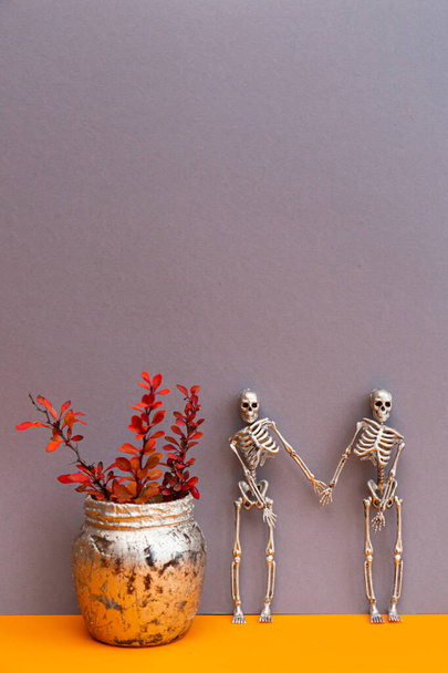 Uroczysta kompozycja na Halloween. Szkielet i różowo-pomarańczowe gałązki malin na szaro-pomarańczowym tle - Zdjęcie, obraz