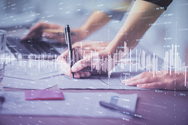 Multi exposure of woman hands typing on computer and financial chart hologram drawing. Stock market analysis concept. - Foto, imagen