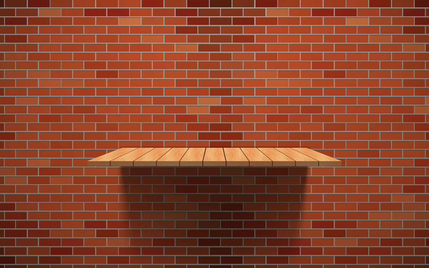 ξύλινο ράφι στον κόκκινο τοίχο από τούβλα  - Διάνυσμα, εικόνα