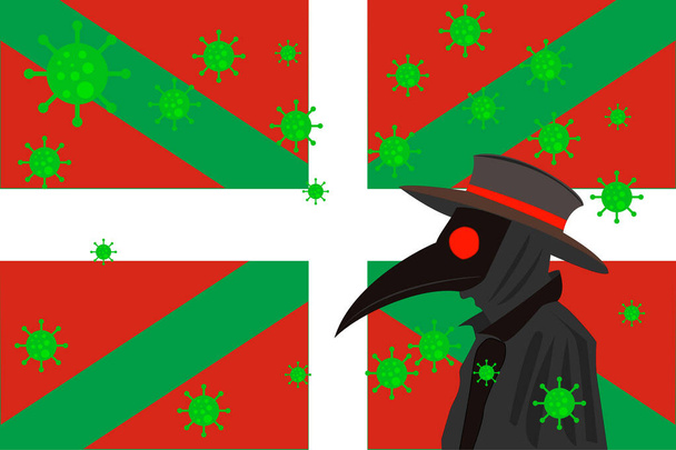 Zwarte pest arts omgeven door virussen met kopieerruimte met BASISLAND vlag. - Vector, afbeelding