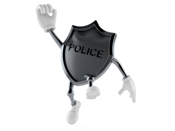 Персонаж полицейского значка, прыгающий от радости изолированный на белом фоне. 3d иллюстрация - Фото, изображение