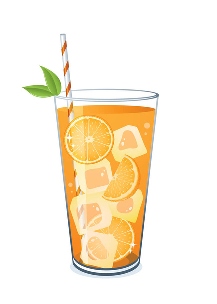 Glass of orange juice and ice cubes isolated on white background. - Vector, Image