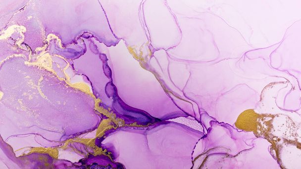Closeup of purple and shiny golden alcohol ink abstract texture, trendy wallpaper. Art for design project as background for invitation or greeting cards, flyer, poster, presentation, wrapping paper - Foto, Imagen