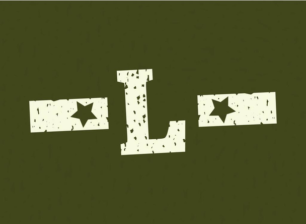 Letra de la insignia L militar, diseño del ejército con estrella sobre fondo de camuflaje. Grungy fuente vector ilustración - Vector, imagen