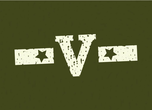 Lettre d'insigne V Militaire, dessin de l'armée avec étoile sur fond de camouflage. Illustration vectorielle de police grungy - Vecteur, image
