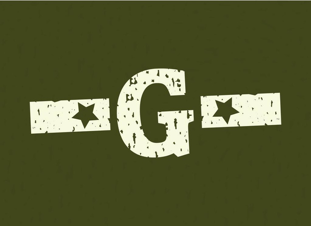 G lettera di distintivo militare, disegno dell'esercito con stella su sfondo mimetico. Illustrazione vettoriale carattere Grungy - Vettoriali, immagini