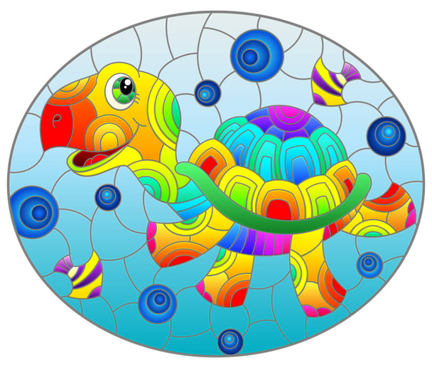 Μια ζωγραφισμένη γυάλινη απεικόνιση με μια αστεία χελώνα καρτούν ουράνιο τόξο σε μπλε φόντο, οβάλ εικόνα - Διάνυσμα, εικόνα