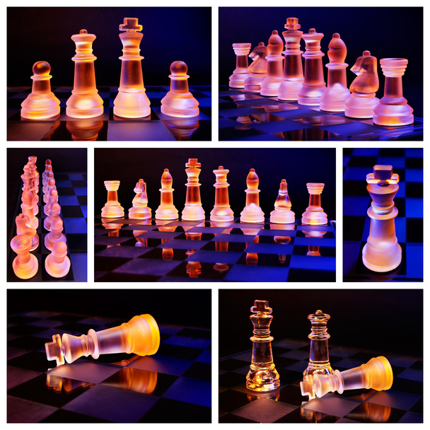 Glass chess on a chessboard lit by a blue and orange light - Photo, Image