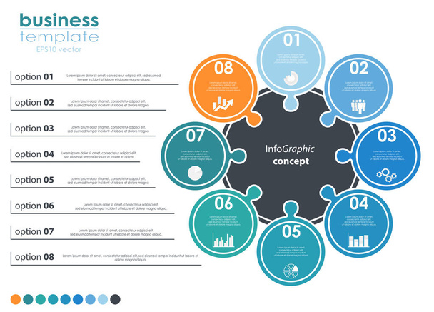 ビジネス情報のためのEPS 10ベクトルファイルグラフィックテンプレートのデザイン、チームワークの概念と8つのオプションを持つデータ情報 - ベクター画像