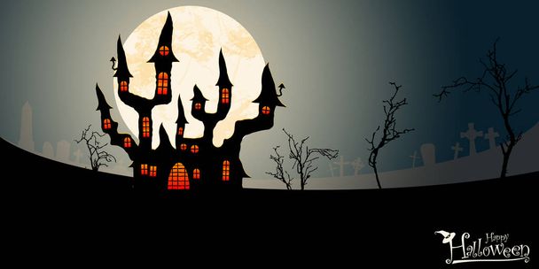 EPS vector file showing spooky dark castle in front of a full moon with grave stones and other scary illustrated elements for Halloween background layouts - Wektor, obraz