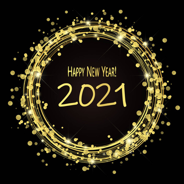 кругла блискавка з крапками і блискучими ефектами, забарвлених золотом на темному тлі з веселим новорічним привітанням 2021 року - Вектор, зображення