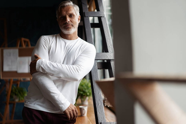 Smiling attractive Casual Grey-haired mature man standing near window looking at the camera. - Fotografie, Obrázek