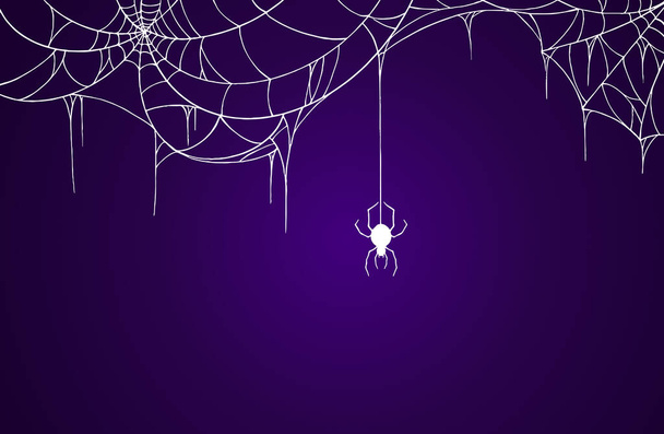 Spiderwebs opknoping op paarse achtergrond, halloween banner geïsoleerd op nacht achtergrond textuur, vector illustratie. - Vector, afbeelding