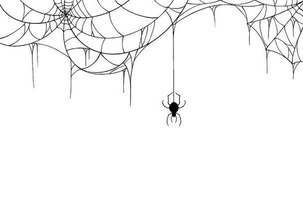 Araña colgando de telarañas sobre fondo blanco, banner santificado aislado en textura de fondo nocturno, ilustración vectorial. - Vector, imagen