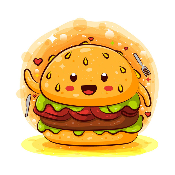 Cool sabrosa hamburguesa kawaii personaje de dibujos animados de la ilustración - Vector, imagen