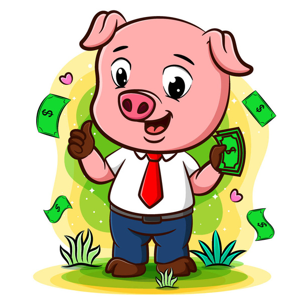 Succès porc homme d'affaires caractère debout sous l'argent pluie d'illustration - Vecteur, image