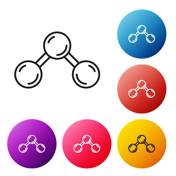 Black line Molecule icon isolated on white background. Structure of molecules in chemistry, science teachers innovative educational poster. Set icons colorful circle buttons. Vector. - Vektör, Görsel