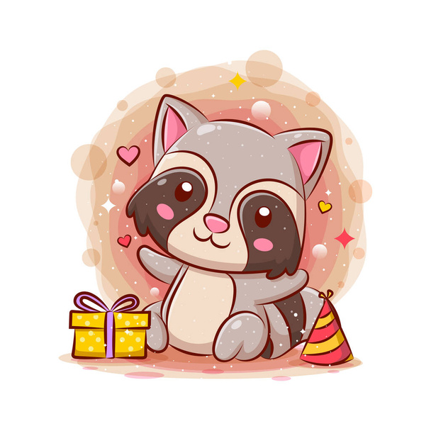 Cute raccoon celebration happy birthday of illustration - Vector, imagen