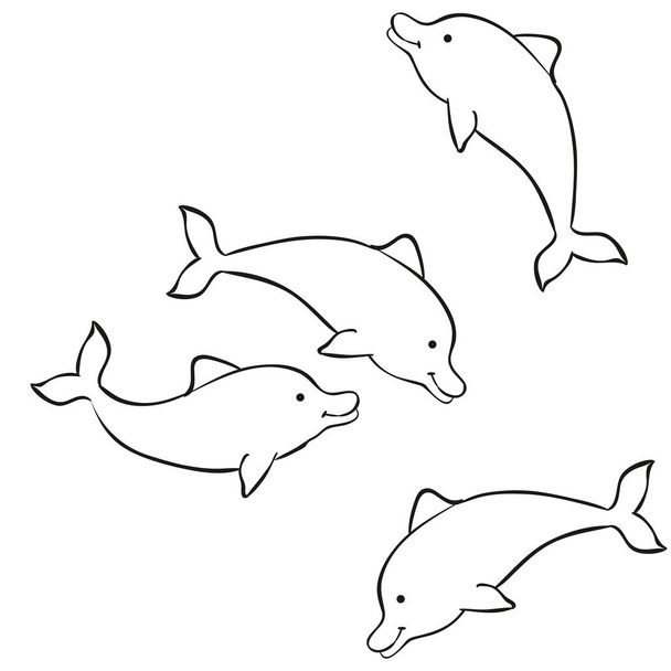 dolphins sketch set, coloring book, caricature, isolated object on white background, vector, eps - ベクター画像