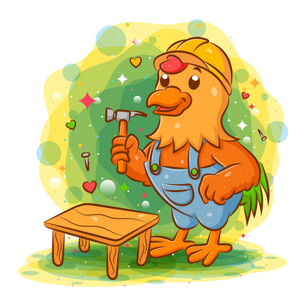 Rooster wearing safety helmet and holding hammer of illustration - Vector, Image