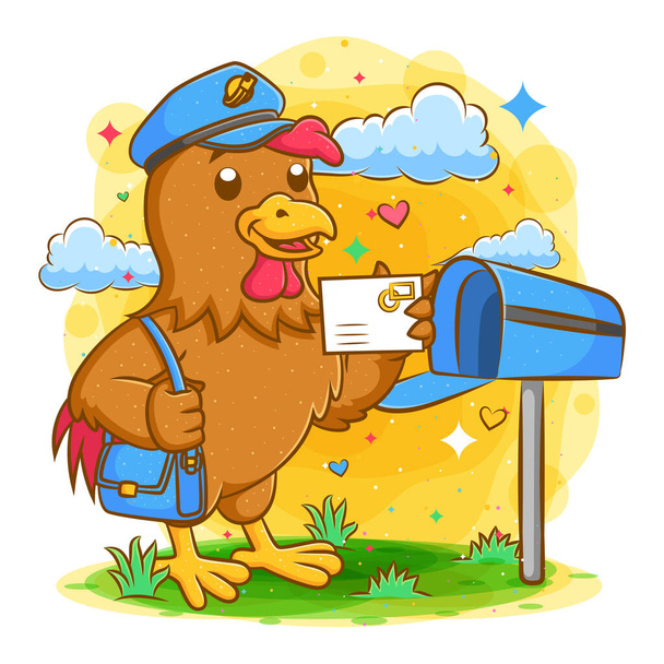 Cartero gallo con correo y bolsa de ilustración - Vector, imagen