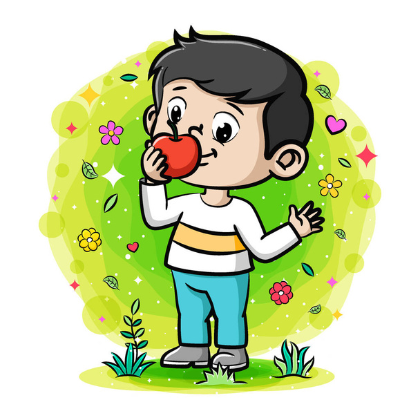 Симпатичный мальчик ест яблоко в саду иллюстраций - Вектор,изображение