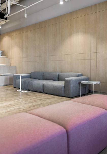 Sala de estar canto com sofá de couro cinza com parede de madeira no fundo / design de interiores / estilo moderno / espaço de cópia - Foto, Imagem