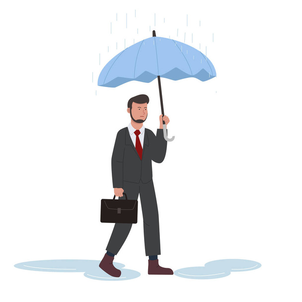 Zakenman lopen onder regen met paraplu illustratie - Vector, afbeelding