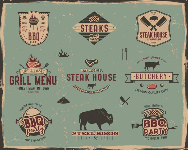 Vintage grill and steak house logo templates. Retro colors bbq, grill party badges, stamps and labels set. Symbols of grilled meat, tools. Isolated on old style background. Vector pathces, insgnias. - Vector, Image