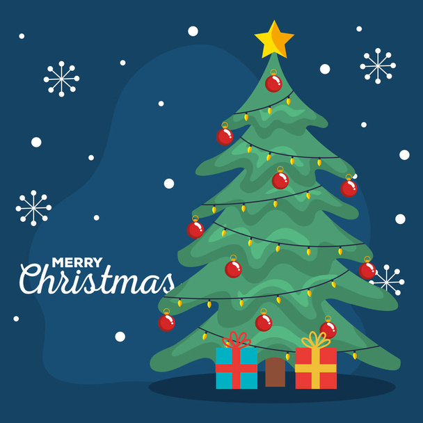 vrolijke kerstboom met geschenken en sneeuwvlokken vector ontwerp - Vector, afbeelding