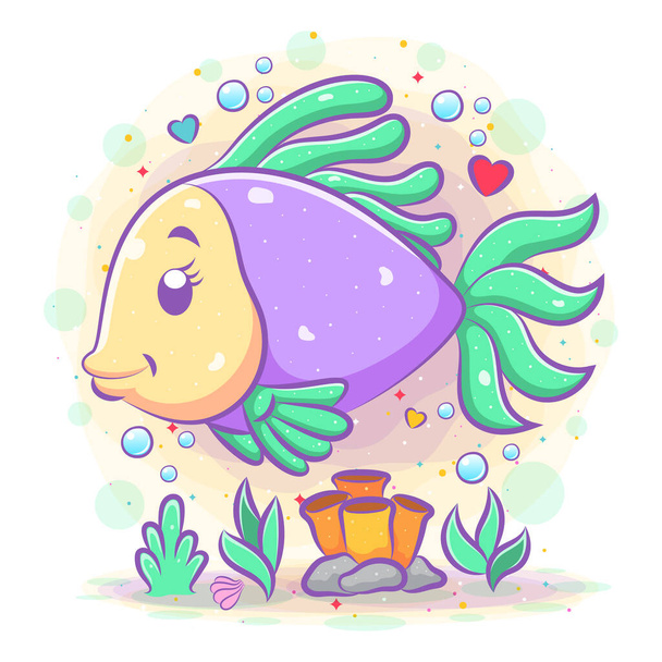 Malá fialová zlatá ryba si hraje pod mořem ilustrací - Vektor, obrázek