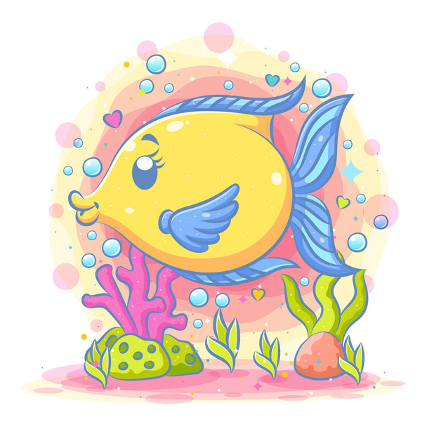 Roztomilé žlutý měsíc ryby idol hrát pod modrým mořem ilustrace - Vektor, obrázek