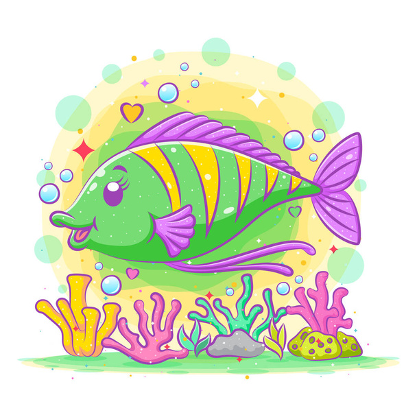 Cute green surgeon fish poses above the colorful coral reefs of illustration - Вектор,изображение