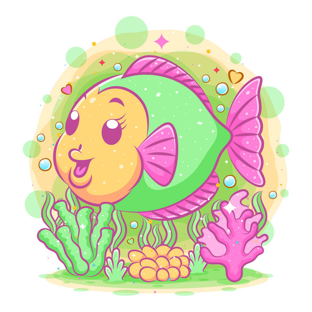 Barevná disková ryba plave s velkým úsměvem ilustrace - Vektor, obrázek