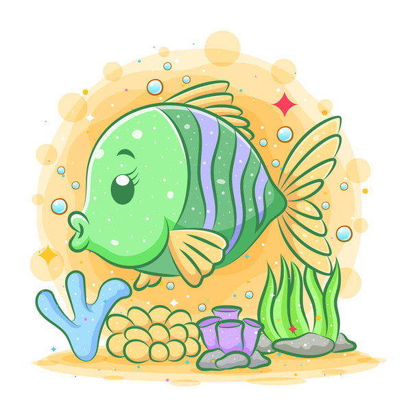 Ilustração do peixe dourado verde sob o mar agradável da ilustração - Vetor, Imagem