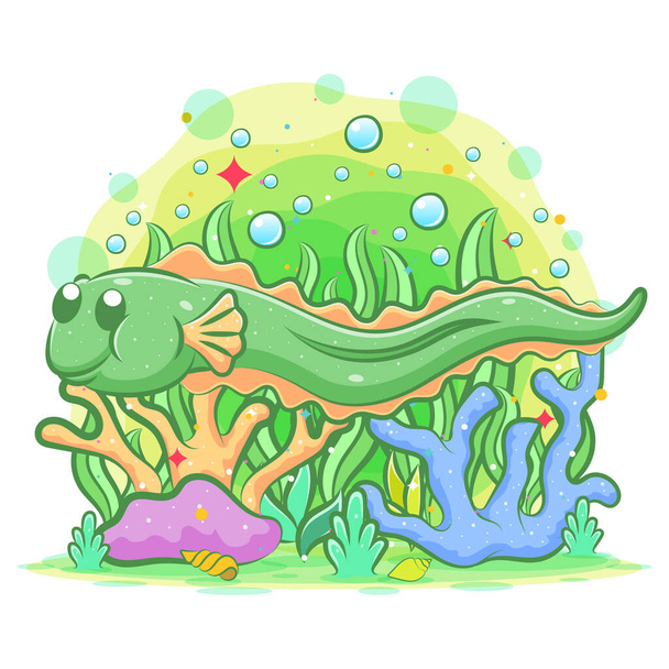 Long green electric eel swim in the beautiful sea of illustration - Vector, Image