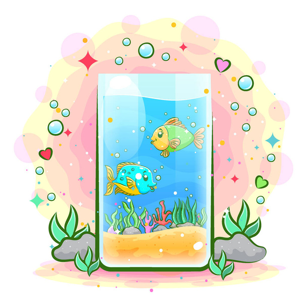 Egy akváriumi tubusban két hal és sok homok van. - Vektor, kép
