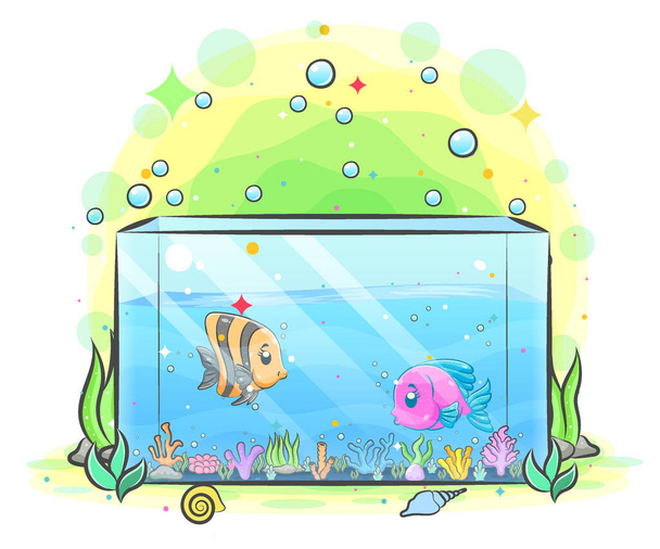 Caixa de aquário tem dois peixes dentro e os pequenos recifes de coral de ilustração - Vetor, Imagem