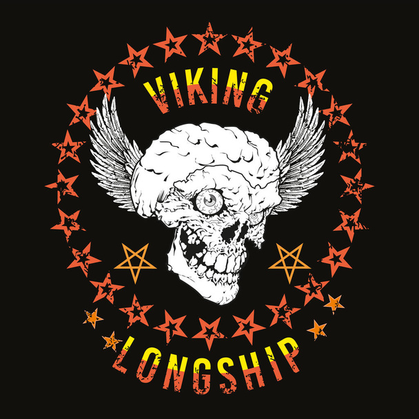 Diseño vectorial para la camiseta de un cráneo con alas blancas, con un círculo de estrellas anaranjadas sobre un fondo negro. - Vector, Imagen