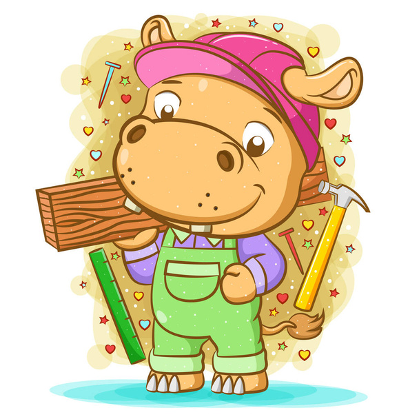 L'illustration de l'hippopotame brun utilise le vert en général et tient le bois - Vecteur, image