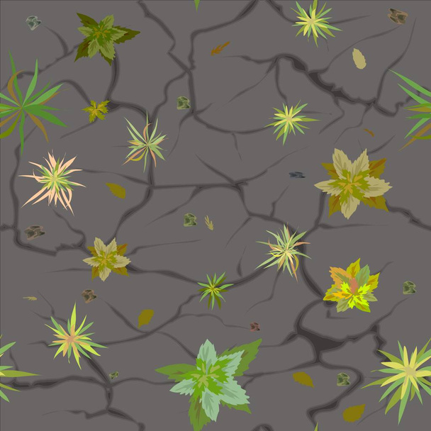 アスファルトを突破する植物の抽象的なパターン。アスファルト上の亀裂の花や草。暖かい夏の晴れた日。ベクターイラストシームレス. - ベクター画像
