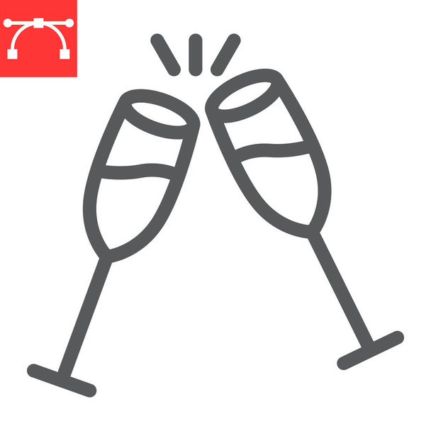 Icône de ligne de verres de champagne, joyeux Noël et pain grillé, deux verres de graphiques vectoriels signe champagne, icône linéaire course modifiable, eps 10. - Vecteur, image