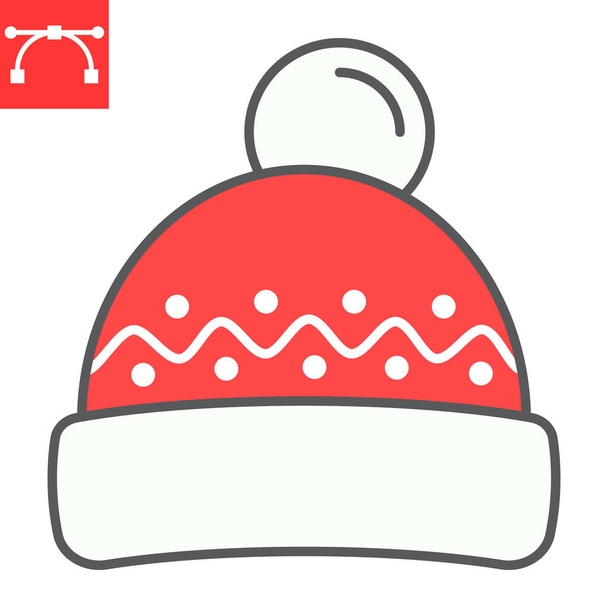 Zimowy kapelusz kolor linii ikona, Wesołych Świąt i odzieży, czapka kapelusz znak grafika wektorowa, edytowalny skok wypełniony zarys ikona, eps 10. - Wektor, obraz