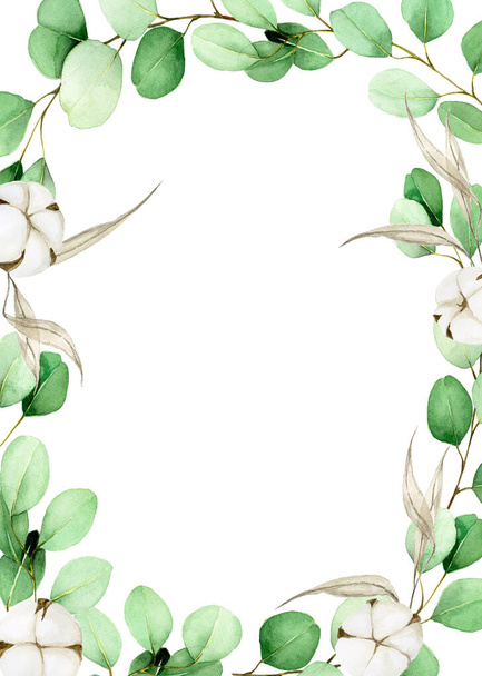 watercolor rectangular frame with eucalyptus leaves and cotton flowers. autumn decor of green eucalyptus and cotton leaves for wedding, cards, congratulations, invitations. watercolor clipart on white - 写真・画像