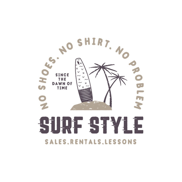 Surf stijl vintage label. Zomer surfen stijl embleem met surfplank, tropische palmen en typografie elementen. Gebruik voor t-shirts, kledingprint, andere merkidentiteit. Voorraadvector geïsoleerd op wit. - Vector, afbeelding