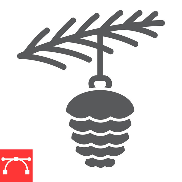 Jouet de cône d'épinette avec icône de glyphe de branche, joyeux noël et branche de pin, graphiques vectoriels de signe de boule de Noël, icône solide d'attaque modifiable, eps 10. - Vecteur, image