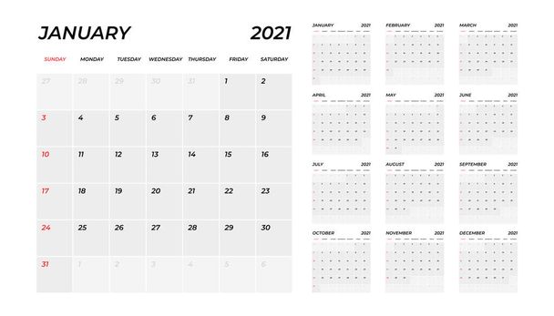 Calendar 2021, 12 month in clean minimal table simple style. Calendar 2021 template. Calendar planning week. - Vettoriali, immagini