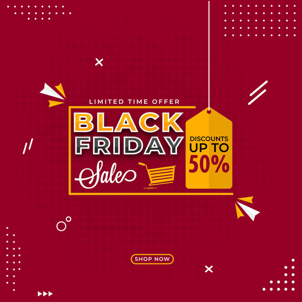 Black Friday Sale Poster Design with 50% Discount Tag Hang on Red Halftone Effect Background. - Vektor, kép