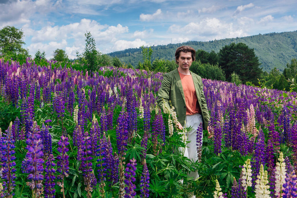 Hombre alto y guapo en una chaqueta verde de pie en el campo de flores de altramuz, que goza de la belleza de la naturaleza. Hombre rodeado de altramuces púrpura y rosa. - Foto, imagen