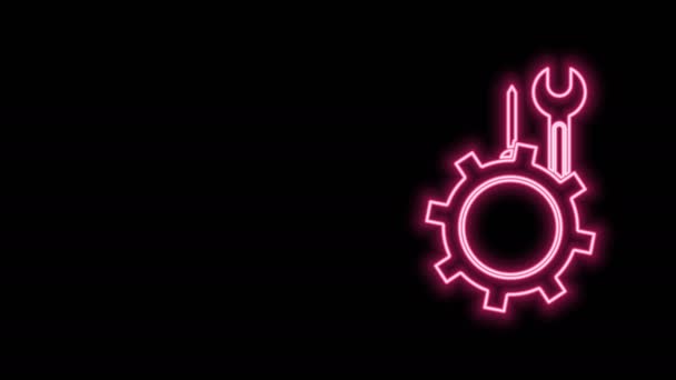 Leuchtender Neon-Line-Schraubenschlüssel und Schraubenzieher im Schaltwerk-Symbol isoliert auf schwarzem Hintergrund. Anpassung, Service, Einstellung, Wartung, Reparatur, Reparatur. 4K Video Motion Grafik Animation - Filmmaterial, Video